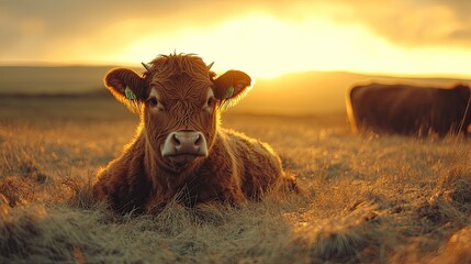 Highland Cow Sunset Golden Hour Pasture Scene