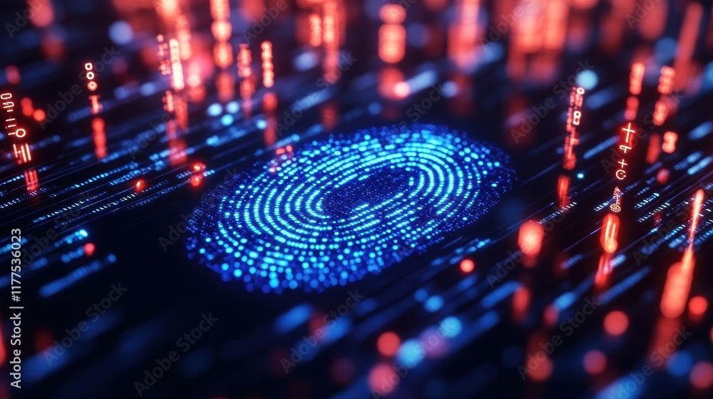 Poster glowing blue digital fingerprint is being scanned on a futuristic circuit board with data streams fl