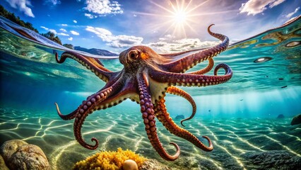 Obraz premium Majestic Giant Pacific Octopus Underwater Scene - Stock Photo