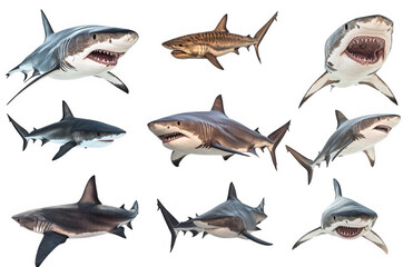 a variety of shark species. each depicted in a dynamic pose. emphasizing their distinct features and characteristics this educational illustration serves to highlight the diversity and anatomy of shar