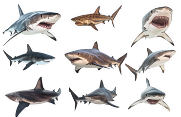 a variety of shark species. each depicted in a dynamic pose. emphasizing their distinct features and characteristics this educational illustration serves to highlight the diversity and anatomy of shar