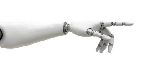 a robotic arm. specifically the hand. pointing outward the design is sleek and futuristic. showcasing articulated fingers and joints that suggest advanced technology and precision this representation