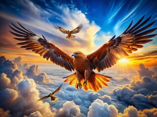 Obraz premium Majestic Golden Eagle and Red Kite Soaring Above Clouds - Surreal Aerial View