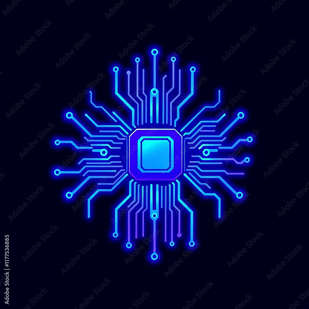 Aufkleber neon circuitry: a glowing blue circuit board with intricate pathways and a central processor, symbol