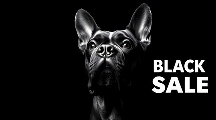 A classic black and white chiaroscuro image shows a surprised Cane Corso dog reacting to a Black Friday sale announcement on a black background.  The style is timeless and elegant, featuring strong 