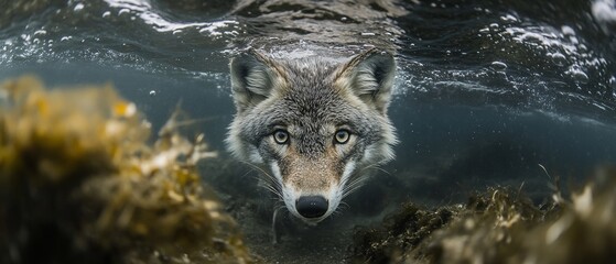 Obraz premium Underwater Coyote Portrait, Seaweed Background, Wildlife Photo, Nature Scene, Possible use Nature Photography, Educational Material