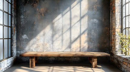 An empty studio setting with concrete walls and a long wooden chair