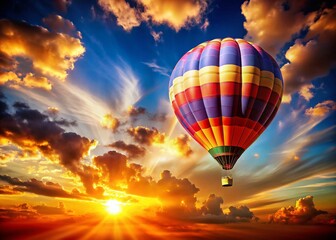 Obraz premium Majestic Hot Air Balloon Soaring Over Scenic Landscape at Sunrise - Stock Photo