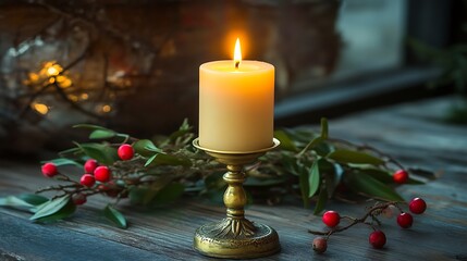 Antique candle with brass holder on room background