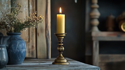 Antique candle with brass holder on room background