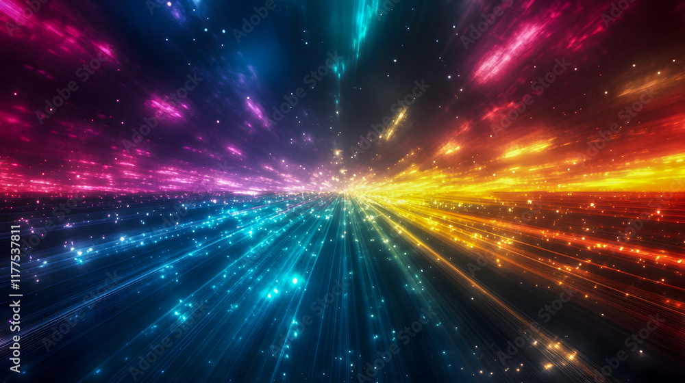 Poster colorful abstract background with dynamic light rays and glittering stars in a cosmic style for crea
