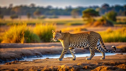Majestic Leopard Strolling Through Dry Masai Mara Riverbed, Kenya - Panoramic Wildlife Photography