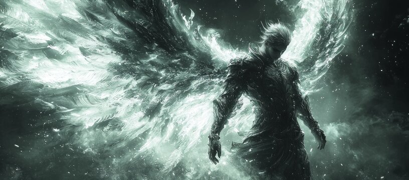 Angelic warrior with glowing wings, dark fantasy art.