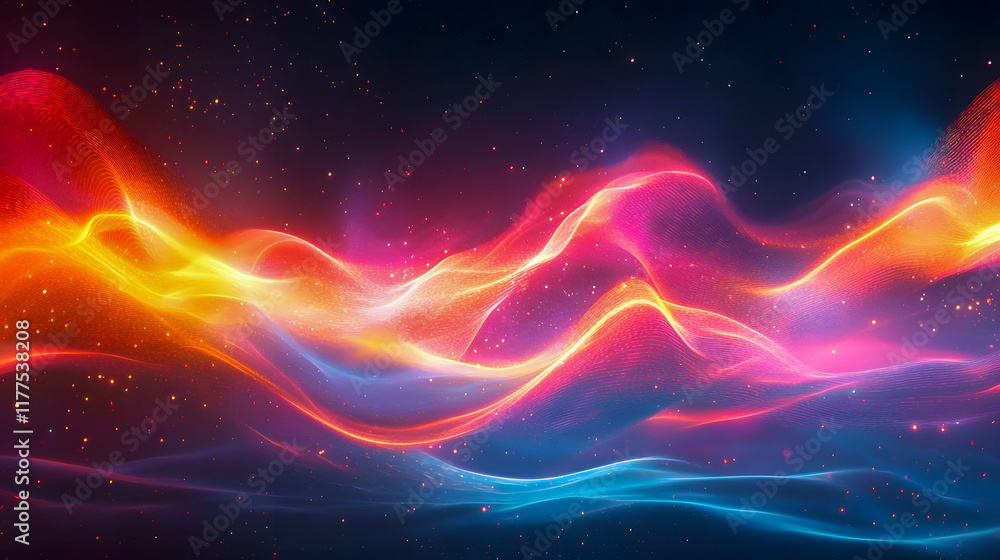 Poster colorful abstract swirls of light and energy flowing in a dark background with glowing particles and