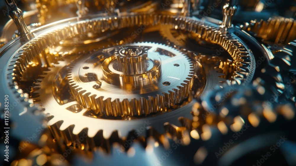 Poster intricate golden gears interlock and rotate, showcasing the complex workings of a precise mechanism,