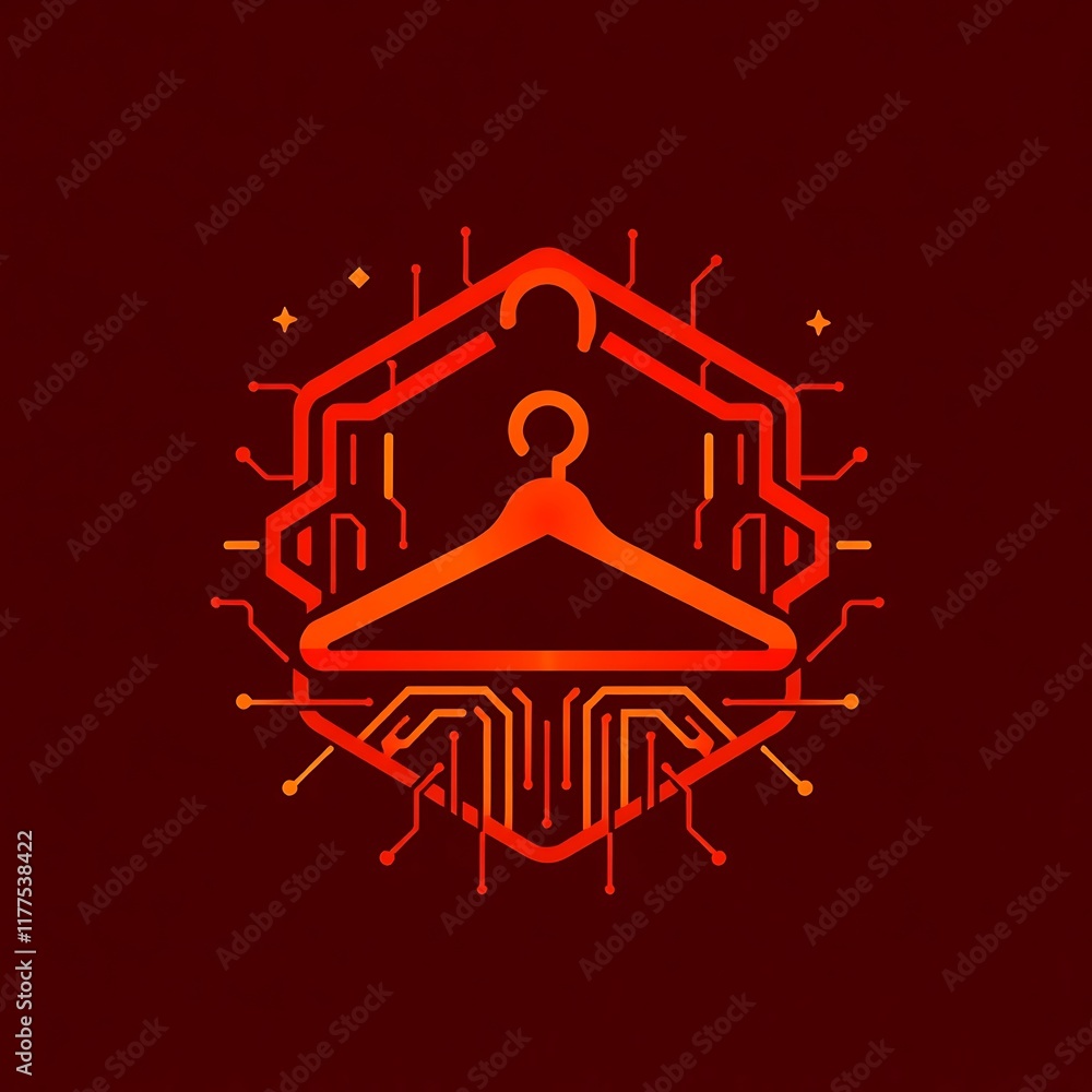 Poster digital fashion: abstract logo design featuring a stylish hanger inside a hexagonal circuit board, r