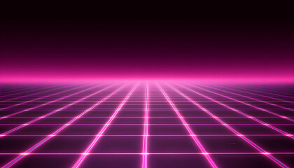 Fototapeta premium Retro futuristic grid landscape, vibrant pink neon lines, glowing grid, digital art, 80s aesthetic, synthwave background, abstract design, perfect for futuristic or retro themed projects.