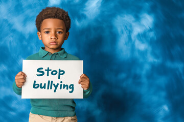 Sad african american boy holding stop bullying sign. Sad boy showing a sign asking to stop bullying, against a blue background