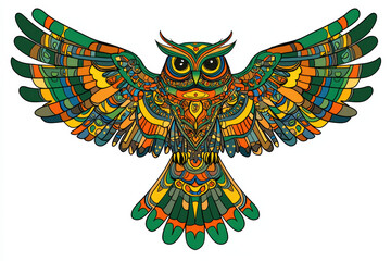 vibrant hand drawn illustration of colorful owl with intricate patterns and spread wings