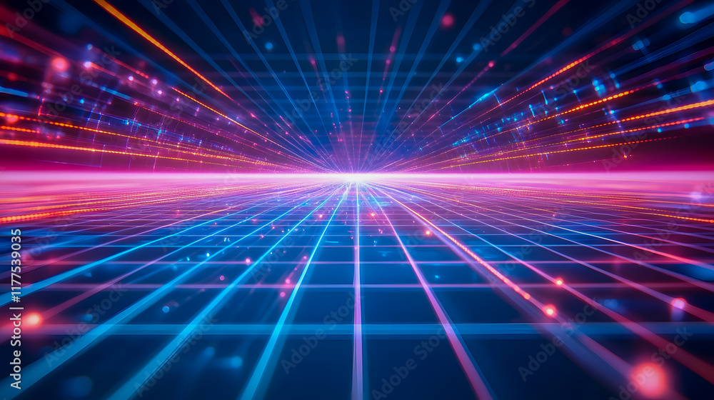 Poster futuristic abstract background with neon lights and dynamic lines in blue and pink colors for techno