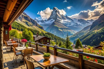 Majestic Matterhorn View from Mountain Restaurant Terrace: Swiss Alps Panorama