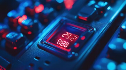 Obraz premium Red digital display presenting numerical data on an electronic device within an industrial control panel, illuminated by blue and red lights in a technological environment
