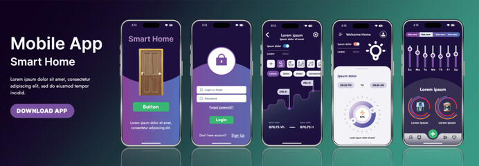 A sleek smart home application interface template featuring modern icons and a gradient design. Includes navigation menus for managing devices, monitoring security, controlling temperature