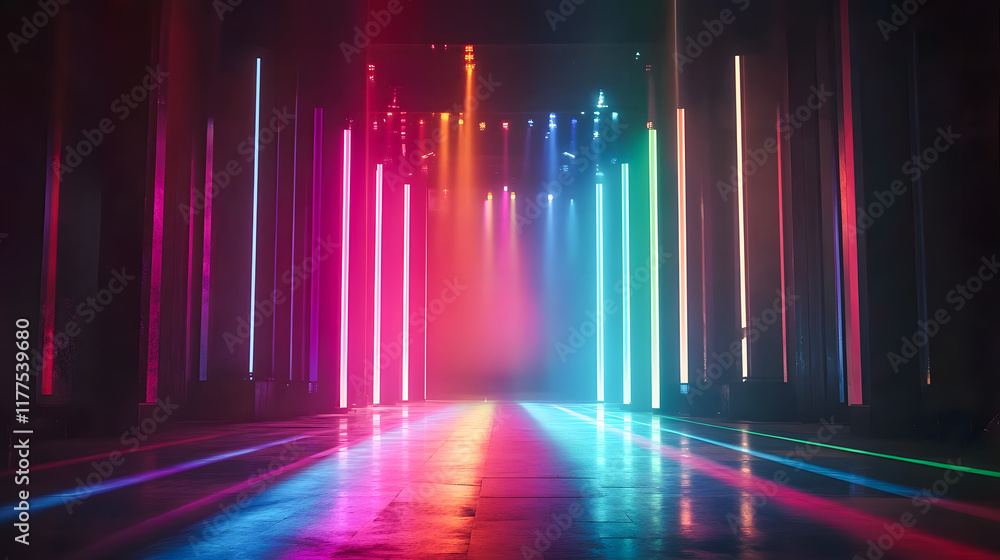 Poster vibrant scene with colorful neon lights illuminating a dark space creating a futuristic atmosphere f