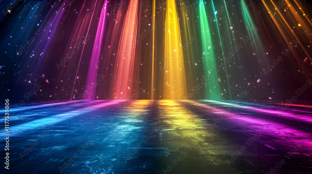 Poster colorful light rays shine on dark background with sparkles and reflections for creative design and f
