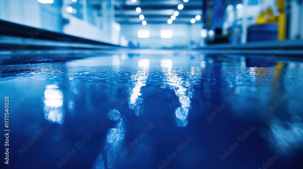 Poster wet polished concrete floor reflecting the lights of a modern factory, creating a futuristic and ind