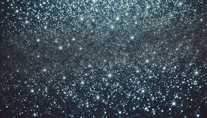 Obraz premium A glittery dark blue sky background with shimmering glitter-covered clouds creating a magical and luxurious texture. Blue glitter background. Blue sparkling shiny texture for Christmas. Copy space.