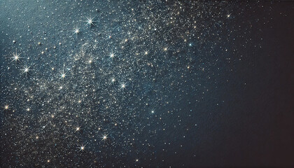 Obraz premium A glittery dark blue sky background with shimmering glitter-covered clouds creating a magical and luxurious texture. Blue glitter background. Blue sparkling shiny texture for Christmas. Copy space.