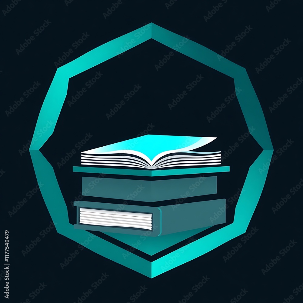 Aufkleber stack of books in teal frame: a visually striking image of a stack of books within a teal hexagon, p