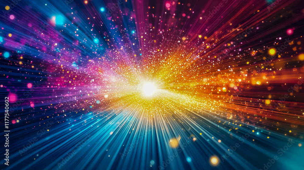 Poster vivid color explosion with bright particles and light rays streaming in a dynamic abstract backgroun