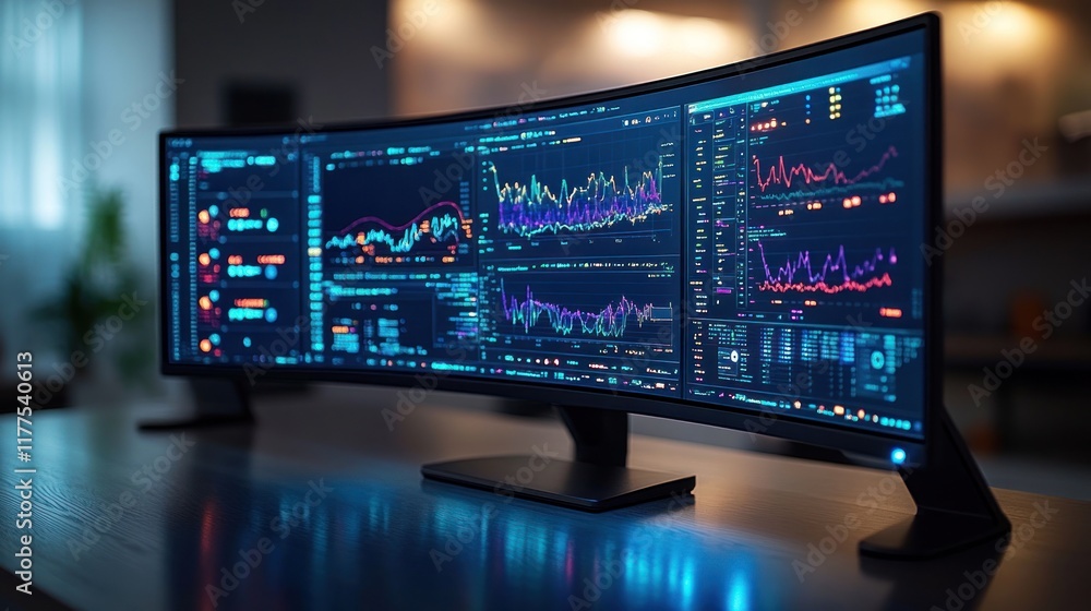 Poster multiple curved monitors displaying financial data charts and graphs on a desk in a modern home offi