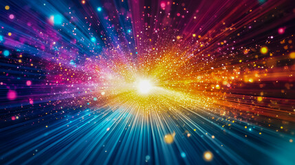 Obraz premium Vivid Color Explosion with Bright Particles and Light Rays Streaming in a Dynamic Abstract Background Design for Creative Projects