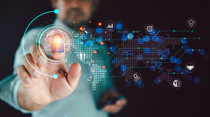 Businessman touching global structure networking and data exchanges connection. Financial and banking, Digital link.