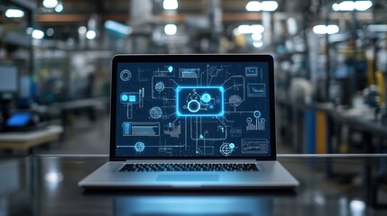 Laptop with AI artificial intelligence symbols in industrial setting