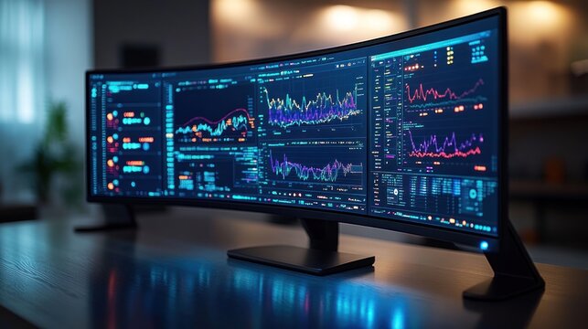 Multiple curved monitors displaying financial data charts and graphs on a desk in a modern home office.