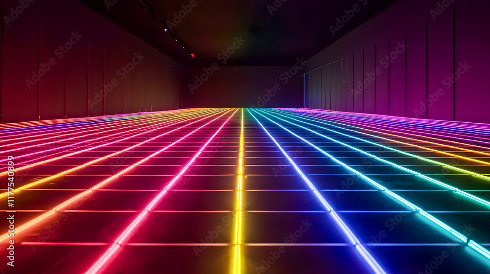 Poster vibrant abstract neon lights creating colorful patterns on a futuristic floor in dark environment
