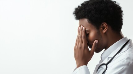 Overwhelmed doctor resting his head in his hands on a white background.