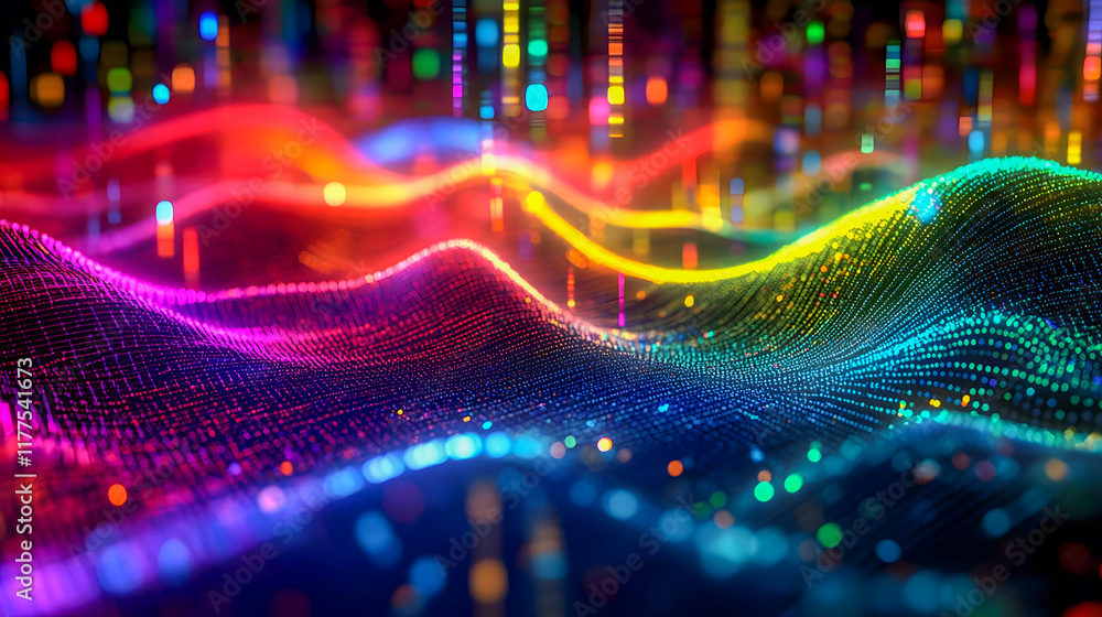 Poster abstract colorful digital waves with glowing particles and light reflections in a vibrant futuristic
