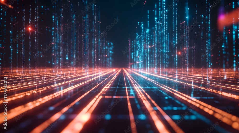 Poster digital landscape with neon lights and glowing lines creating a futuristic tech background for visua