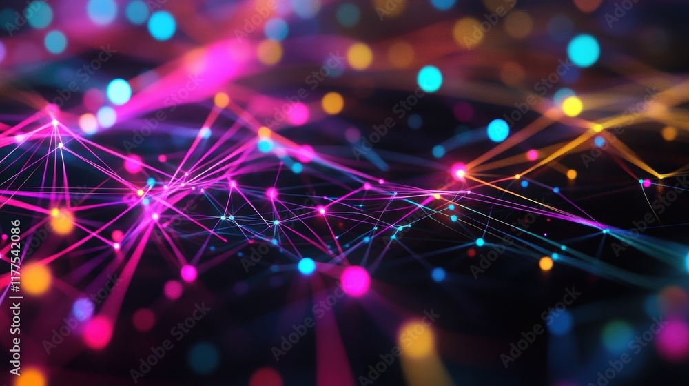 Poster complex network of interconnected nodes and lines creating a vibrant plexus structure, representing 
