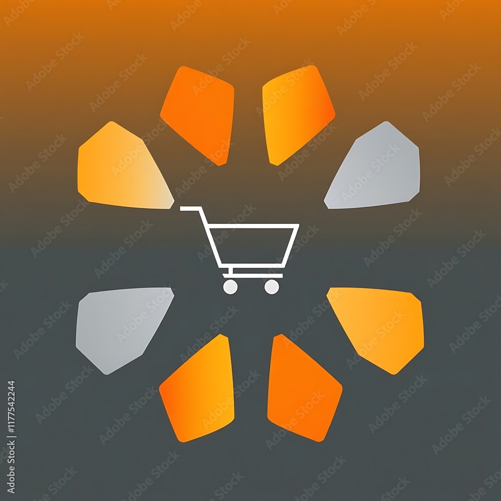 Poster Shopping Cart Icon in Geometric Design: A stylized shopping cart icon sits in the center of a circular design composed of various-sized geometric shapes.