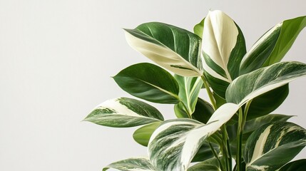 Fototapeta premium Variegated plant leaves, indoor shot, neutral background, close-up