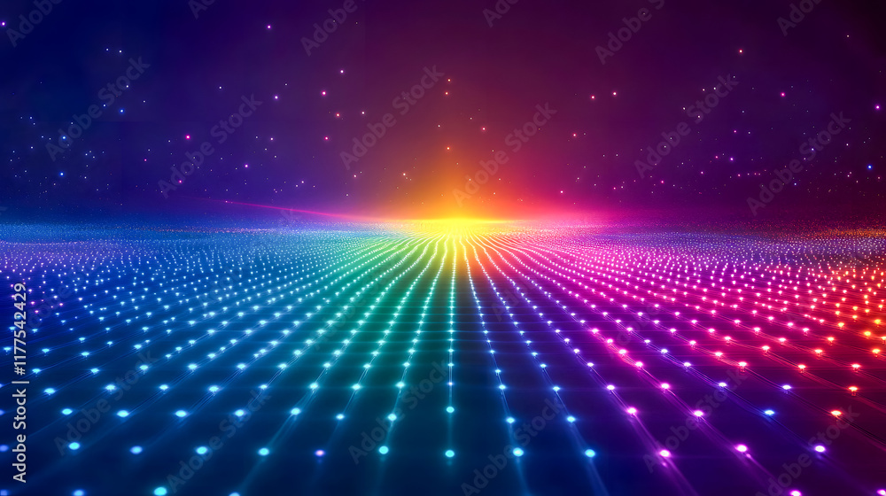 Poster vibrant digital landscape with colorful light patterns and starry background for abstract art, techn