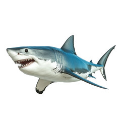 Obraz premium realistic depiction of a great white shark swimming gracefully against a white background the shark is shown in a dynamic pose. showcasing its powerful body and sharp teeth. emphasizing its role as a