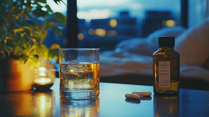 Nighttime drink and medicine on table, urban view.