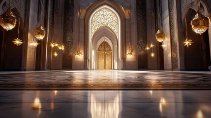 Obraz premium Elegant interior of a grand hall with ornate lighting and arches.